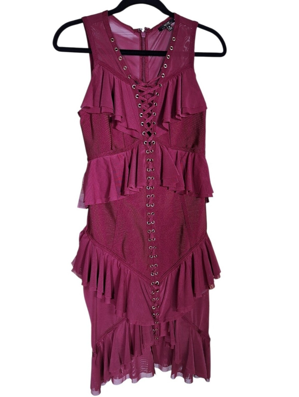 Wow Couture Bandage Dress M Bodycon Grommet Laceup Ruffle Burgundy Dark Romantic
